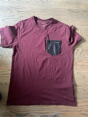 Coach Men's Burgundy Short Sleeve Tee with Black Zip Pocket